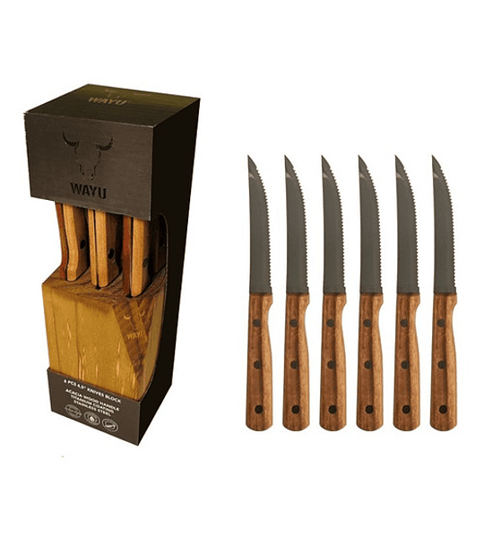 Set De 6 Cuchillos Premium Wayu + Base Madera Cocina Asado