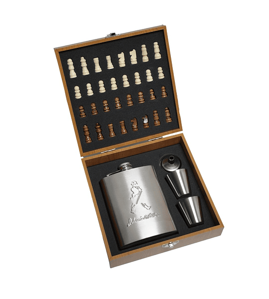 Set Ajedrez Madera + PETACA  ACERO INOX+ VASOS + DOSIFICADOR