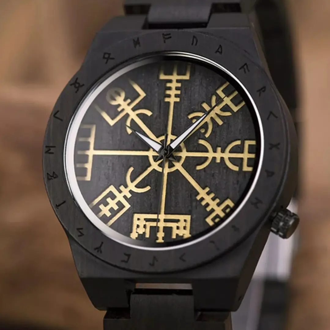 Reloj Vikingo Vegvísir Hombre, Madera De Bambú 4