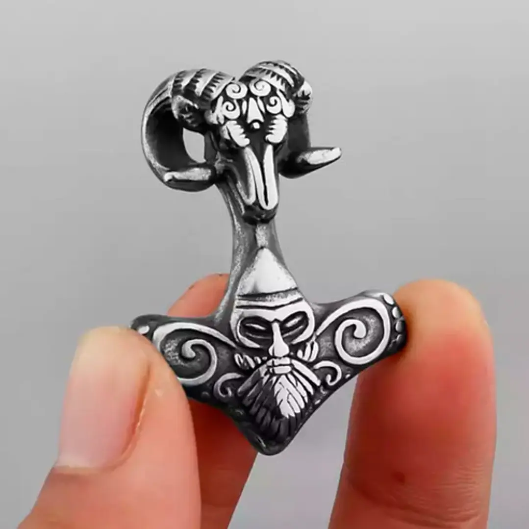 Collar Vikingo Martillo De Thor Con Cabeza Cabra, Acero Inox 2