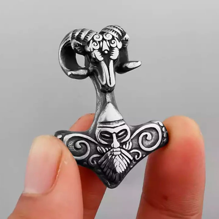 Collar Vikingo Martillo De Thor Con Cabeza Cabra, Acero Inox 2