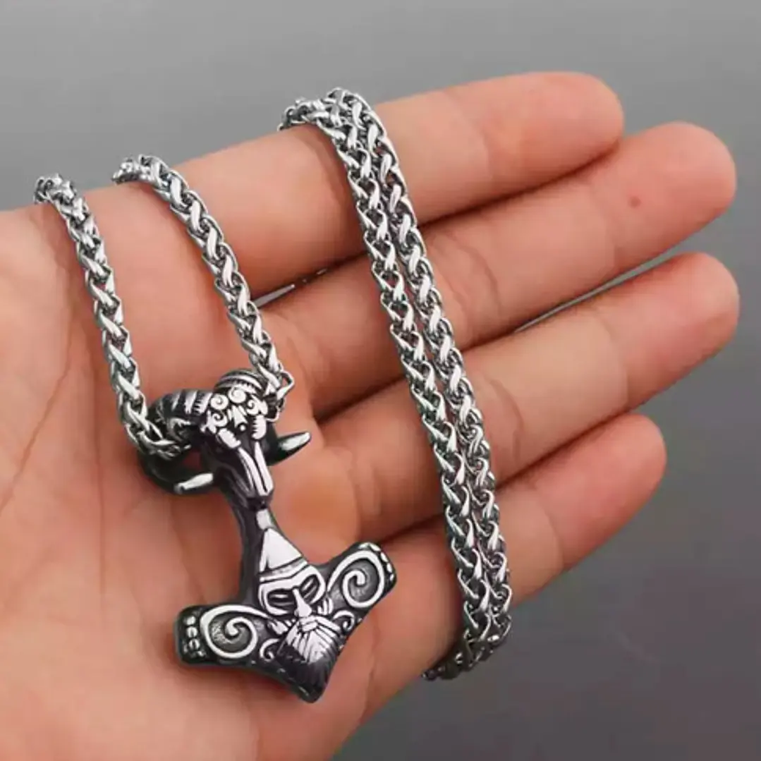 Collar Vikingo Martillo De Thor Con Cabeza Cabra, Acero Inox 3