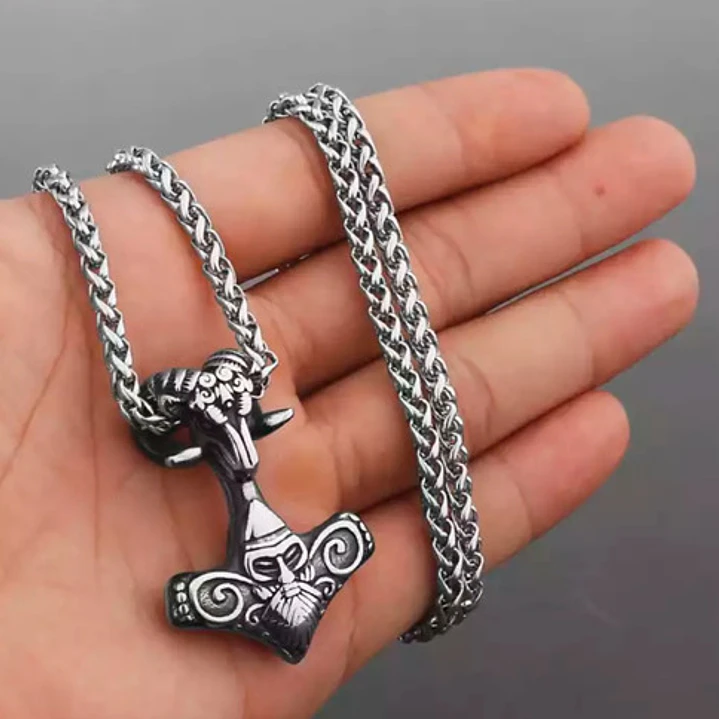 Collar Vikingo Martillo De Thor Con Cabeza Cabra, Acero Inox 3