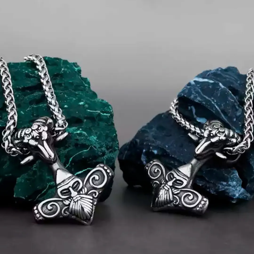 Collar Vikingo Martillo De Thor Con Cabeza Cabra, Acero Inox 4