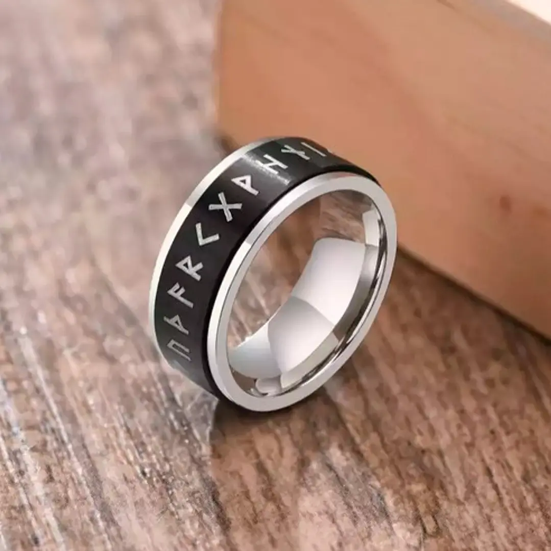 Anillo Vikingo Runas Spinner Unisex, Borde Plateado 2
