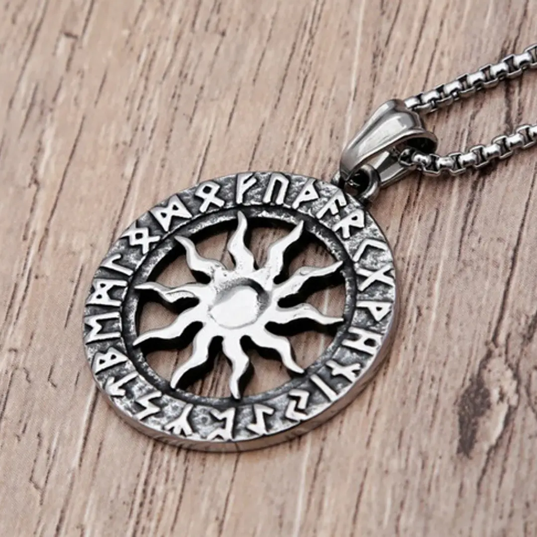 Collar Vikingo Sol Y Runas, Acero Quirúrgico, Hombre Mujer 4