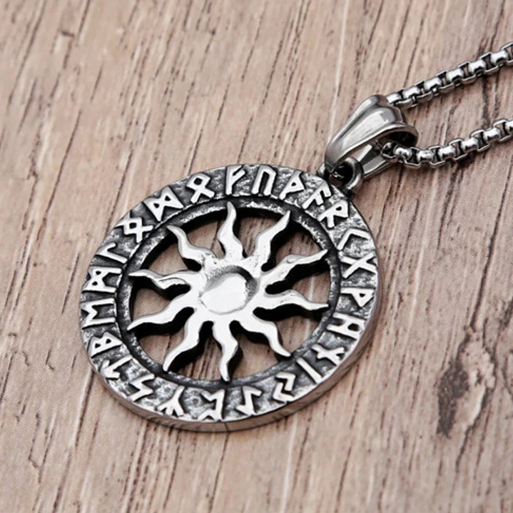 Collar Vikingo Sol Y Runas, Acero Quirúrgico, Hombre Mujer 4
