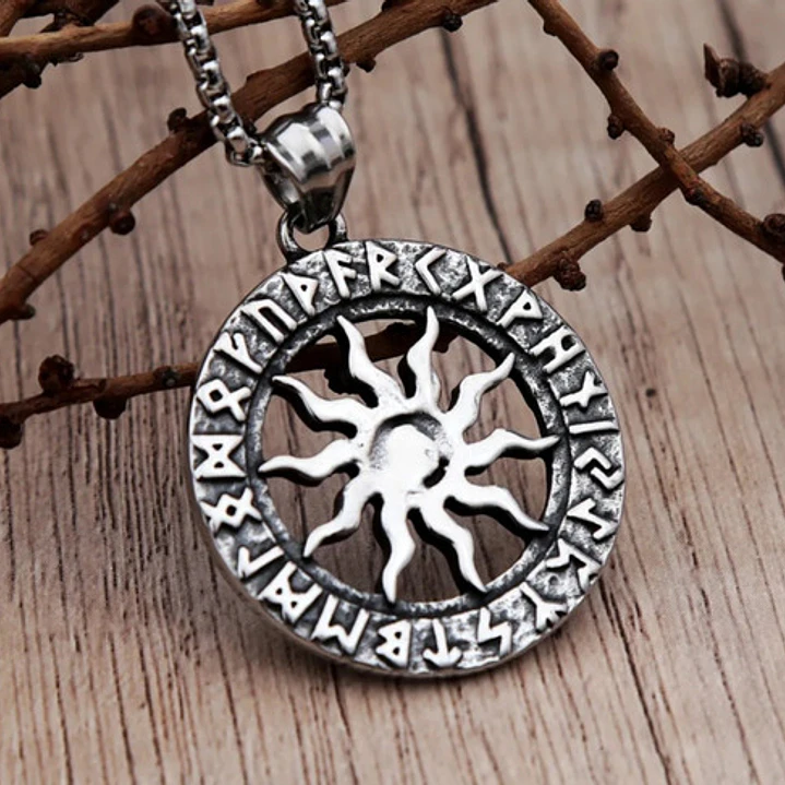 Collar Vikingo Sol Y Runas, Acero Quirúrgico, Hombre Mujer 5