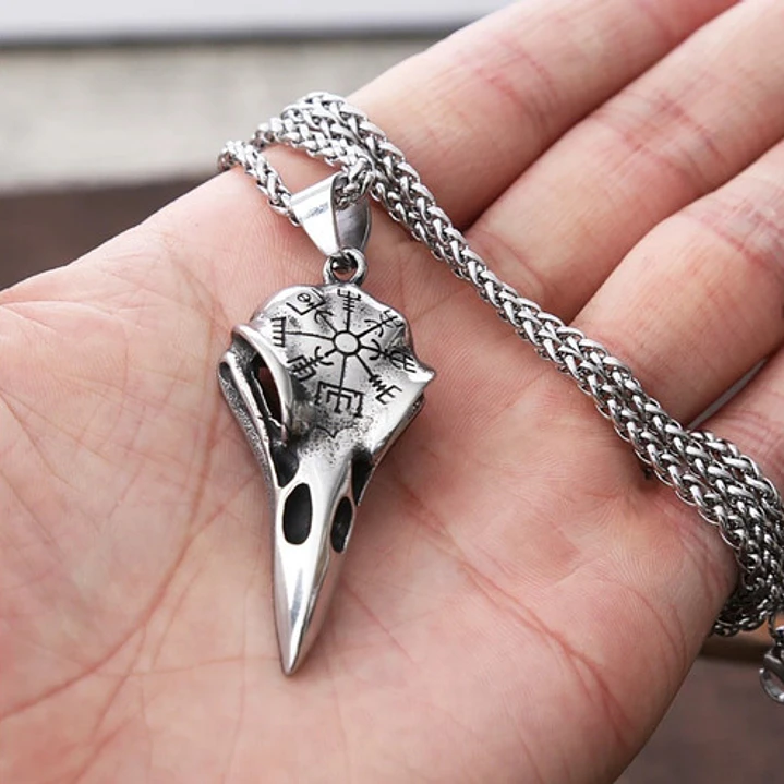 Collar Vikingo Nordic Crow Runa Vegvísir, Acero Inoxidable 3