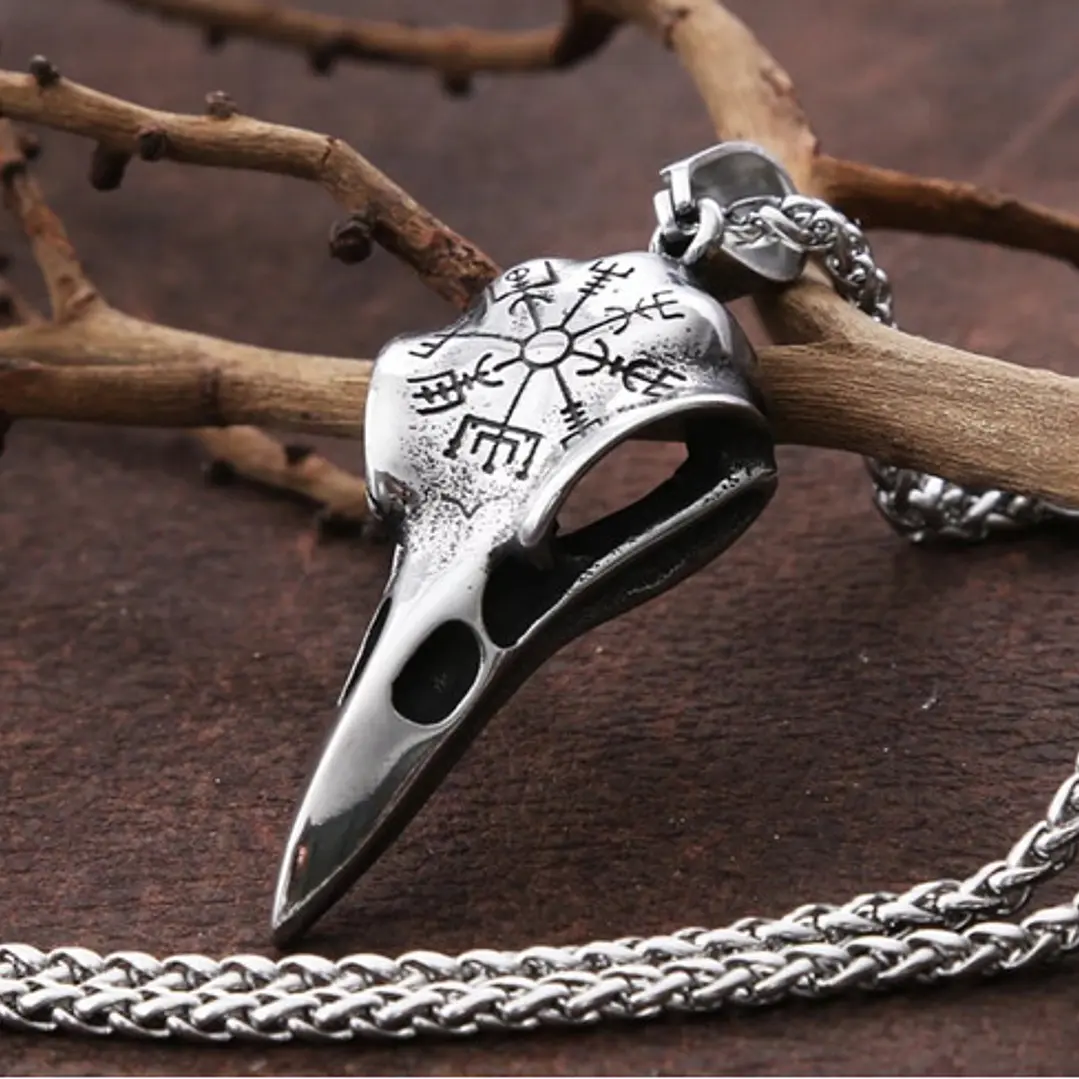 Collar Vikingo Nordic Crow Runa Vegvísir, Acero Inoxidable 4