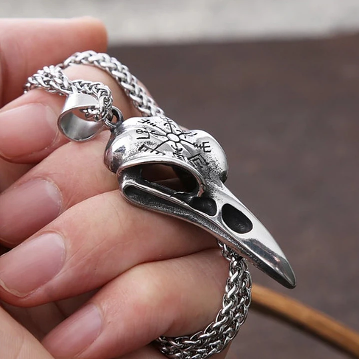 Collar Vikingo Nordic Crow Runa Vegvísir, Acero Inoxidable 5