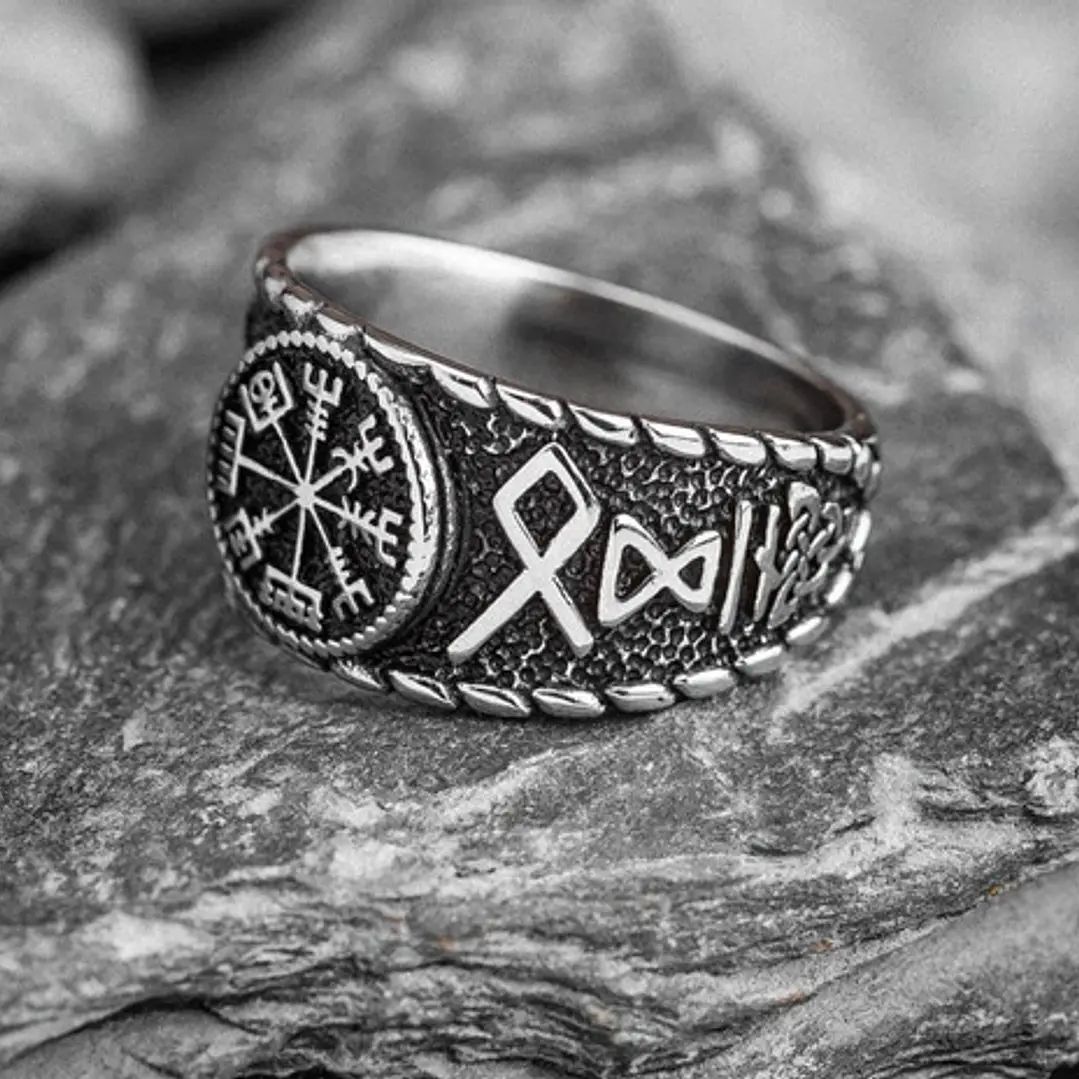 Anillo Vikingo Vegvísir - Runas, Unisex, Acero Inoxidable 3