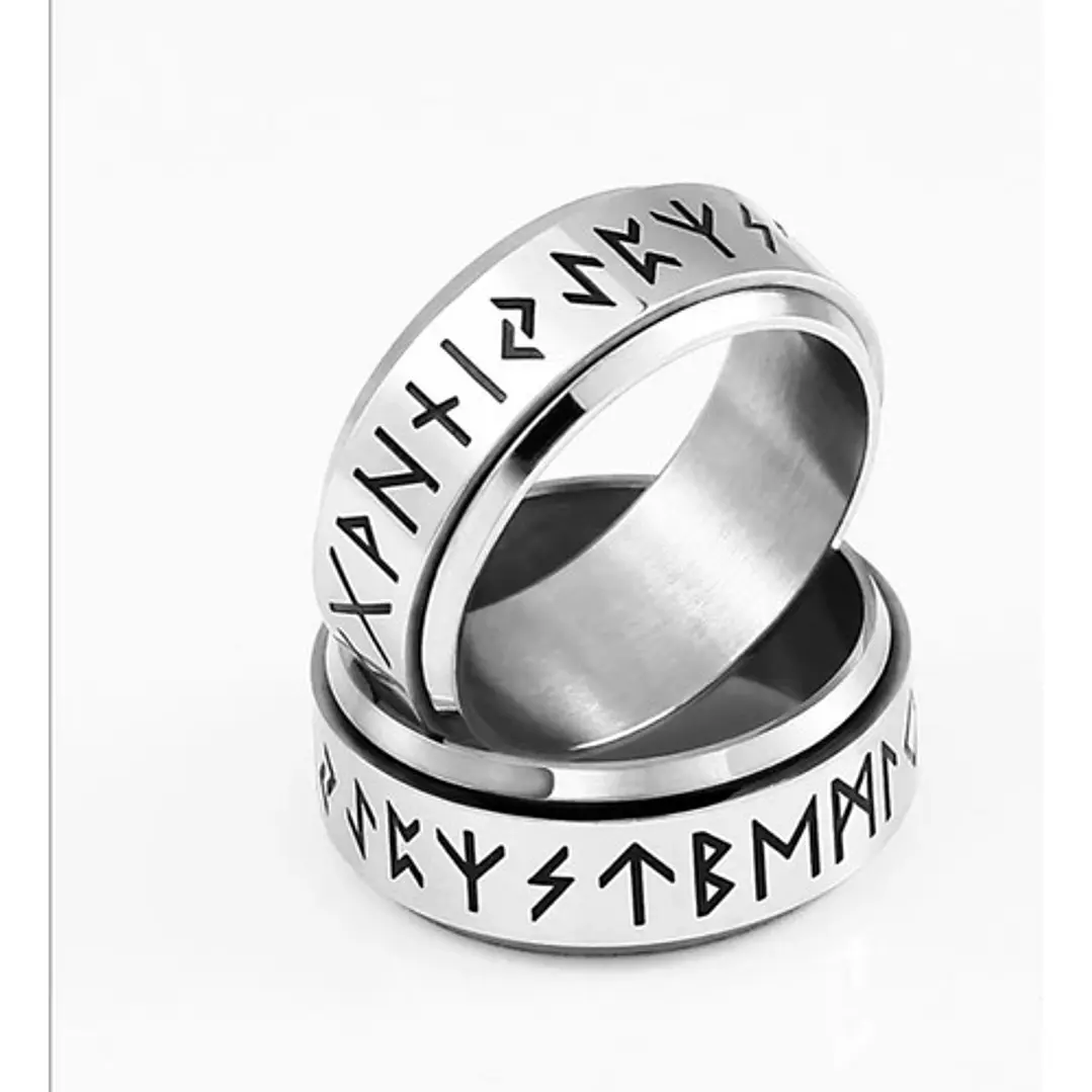 Anillo Vikingo Runas Spinner Unisex, Acero Inox. Plateado 2