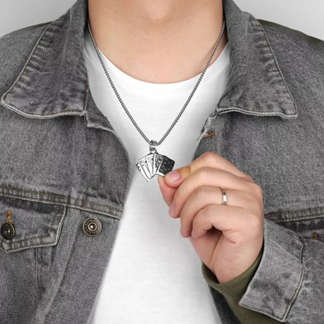 Collar Naipe, Acero Inoxidable, Moda Hombre 3