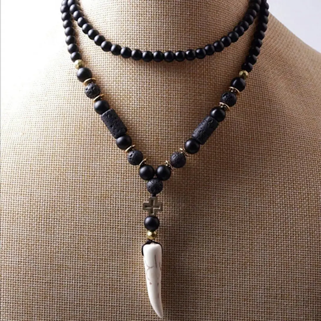 Collar Piedras Naturales, Ónix Opaco Y Piedra Volcánica 2
