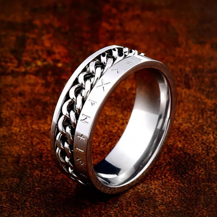 Anillo Vikingo Spinner Giratorio Runas Y Cadena, Unisex 2