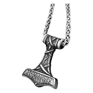 Collar Vikingo Martillo De Thor, Con Runas, Acero Inoxidable