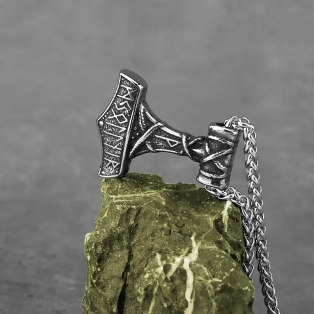 Collar Vikingo Martillo De Thor, Con Runas, Acero Inoxidable 3