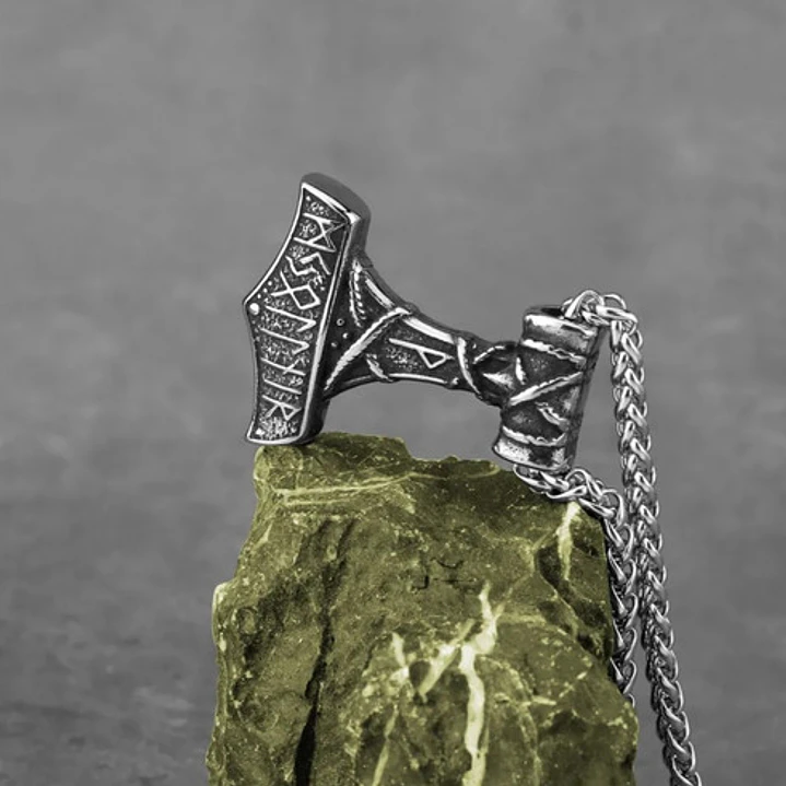 Collar Vikingo Martillo De Thor, Con Runas, Acero Inoxidable 3