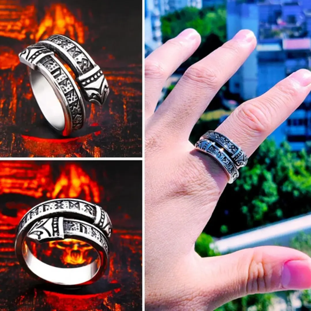 Anillo Vikingo Dragón Runas Nórdicas, Acero Inoxidable 4