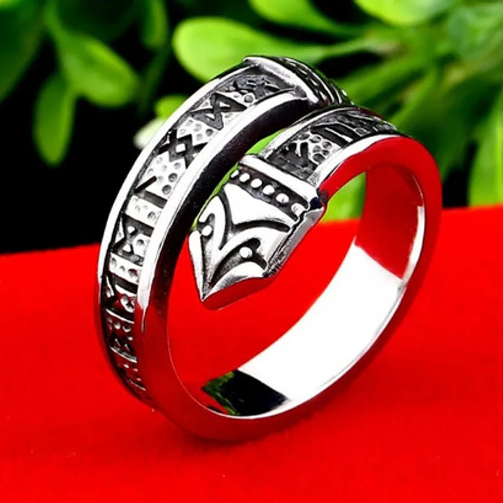 Anillo Vikingo Dragón Runas Nórdicas, Acero Inoxidable 2