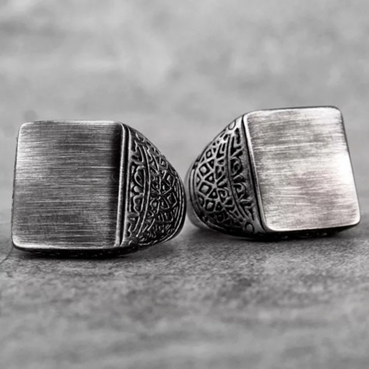 Anillo Cuadrado Retro, Acero Inoxidable, Hombre 2