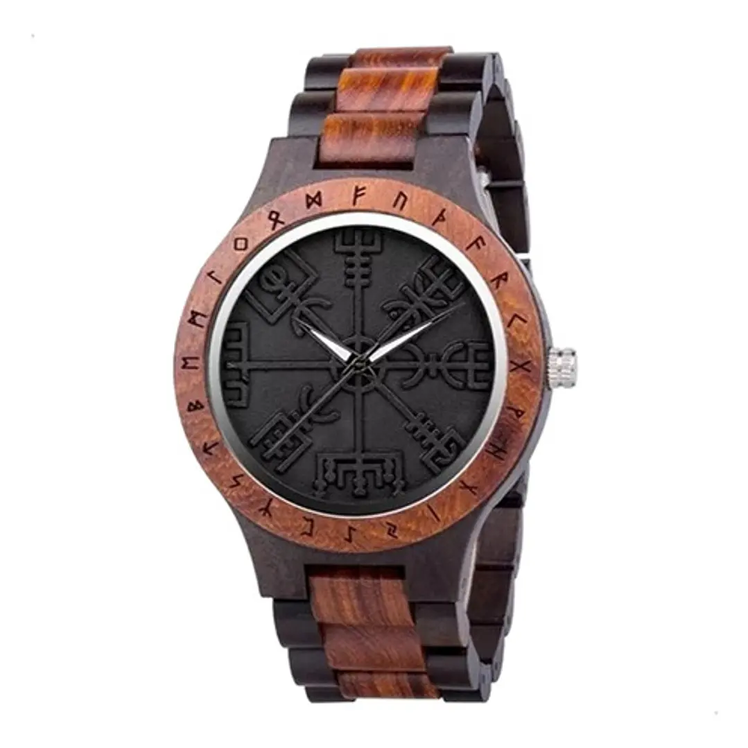 Reloj Vikingo Vegvísir Negro, Madera De Bambú, Hombre 1