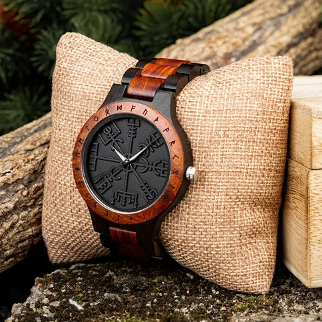 Reloj Vikingo Vegvísir Negro, Madera De Bambú, Hombre 3
