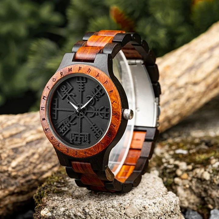 Reloj Vikingo Vegvísir Negro, Madera De Bambú, Hombre 4