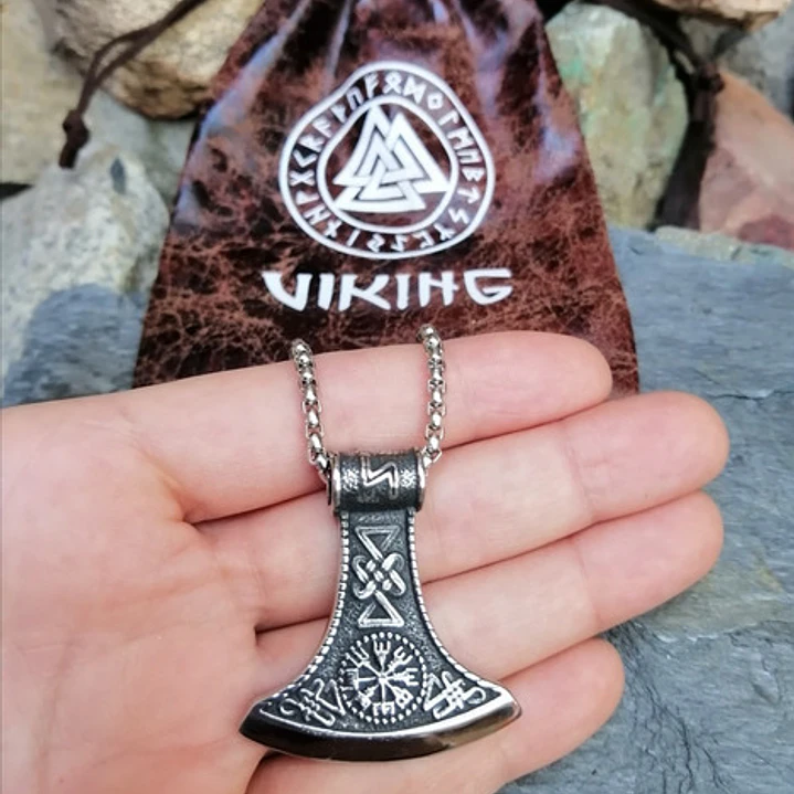Collar Vikingo Hacha Tallada Runa, Acero Quirúrgico, Hombre 4