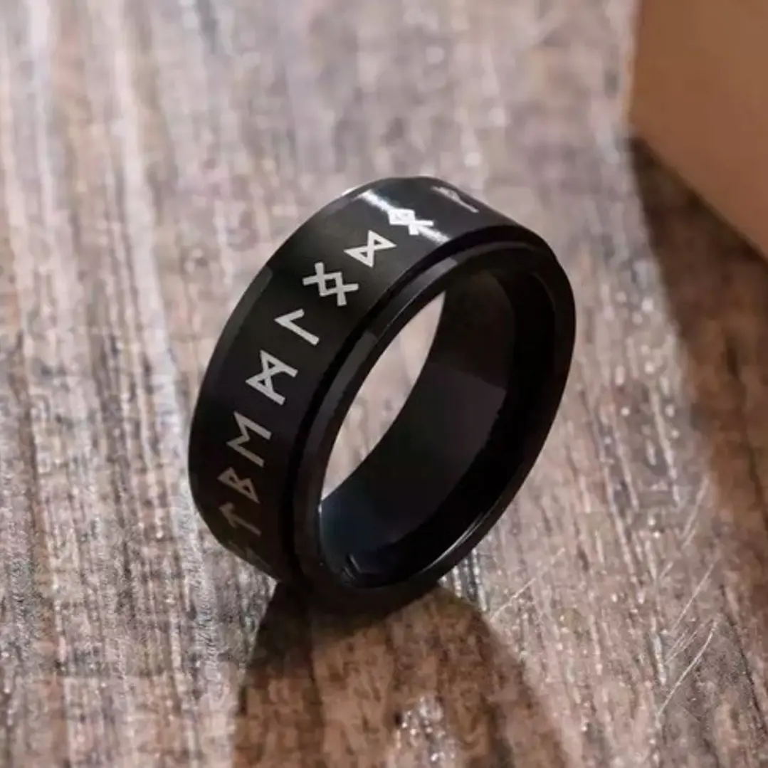 Anillo Vikingo Runas Spinner Unisex, Acero Inoxidable Negro 3