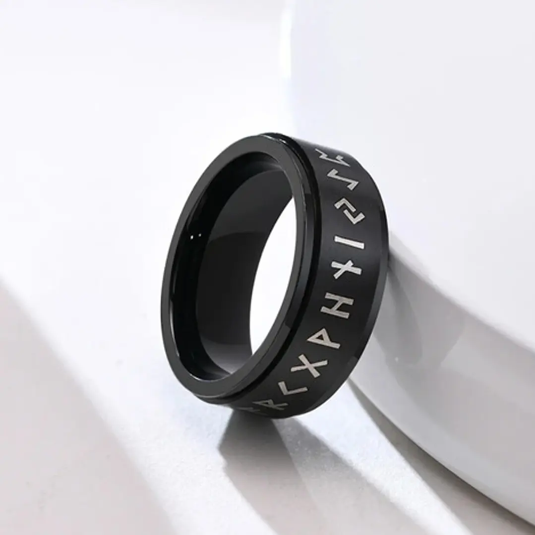 Anillo Vikingo Runas Spinner Unisex, Acero Inoxidable Negro 4
