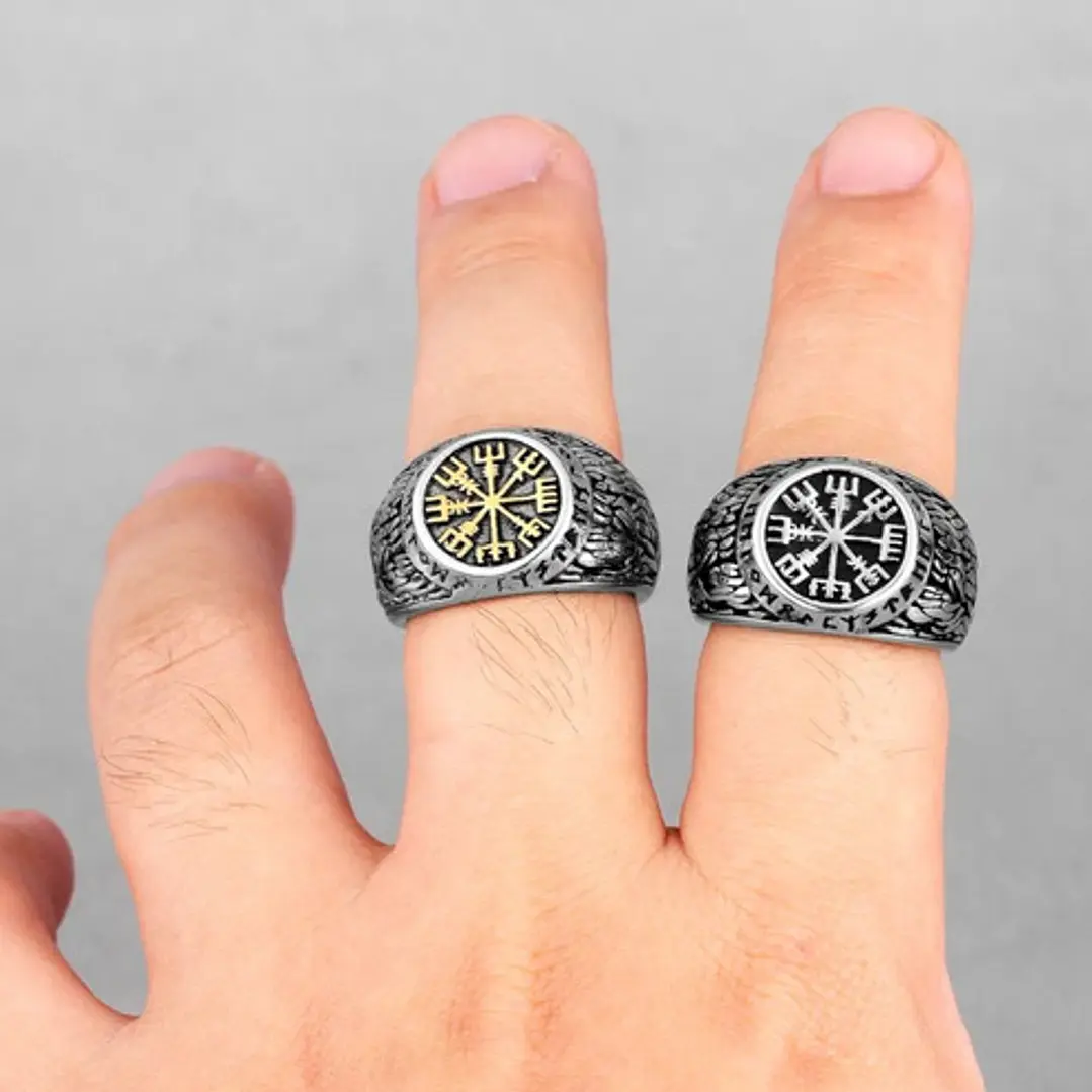 Anillo Vikingo Vegvísir Runa Dorada O Plateada, Unisex 4