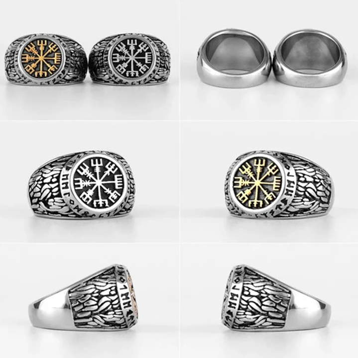 Anillo Vikingo Vegvísir Runa Dorada O Plateada, Unisex 5