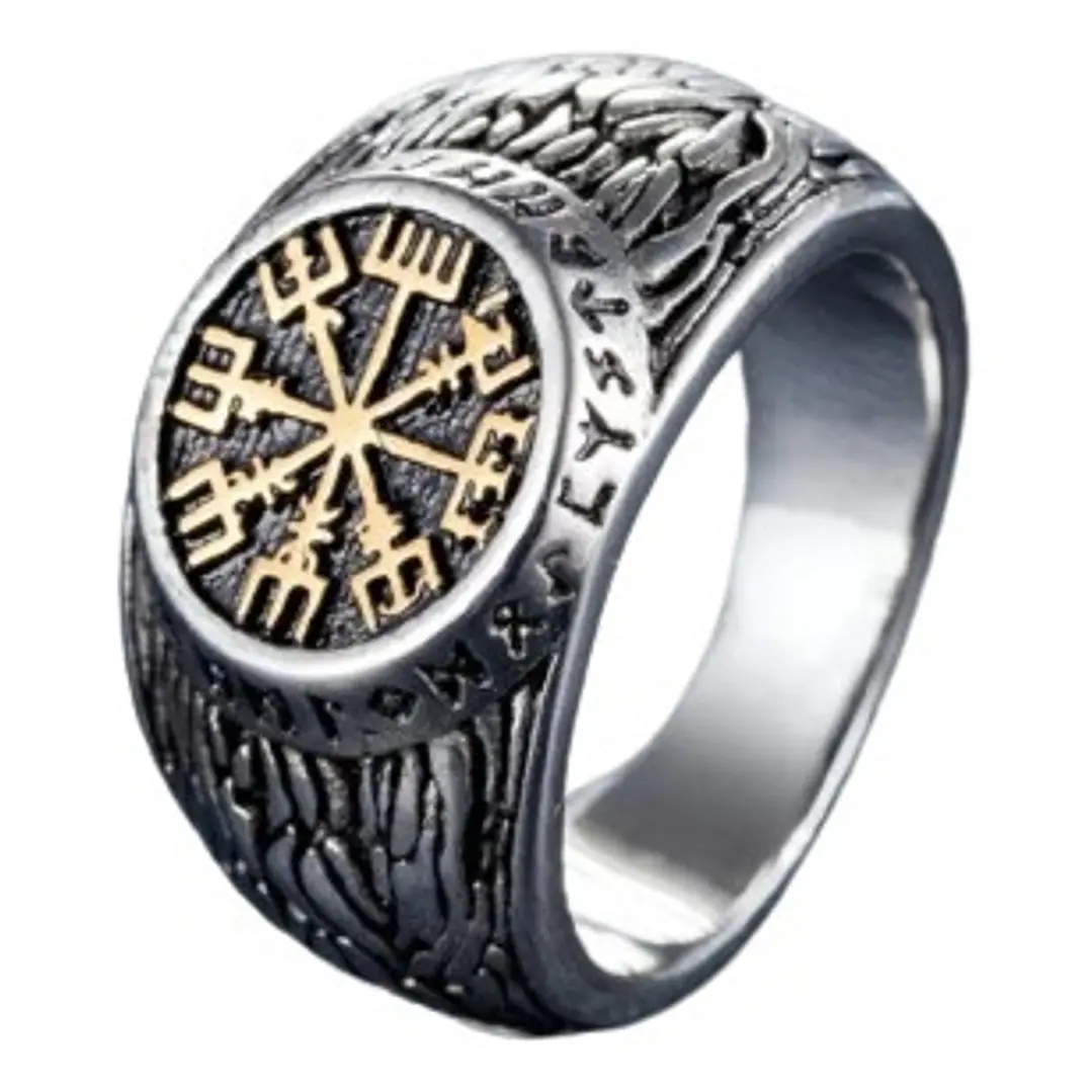 Anillo Vikingo Vegvísir Runa Dorada O Plateada, Unisex 3