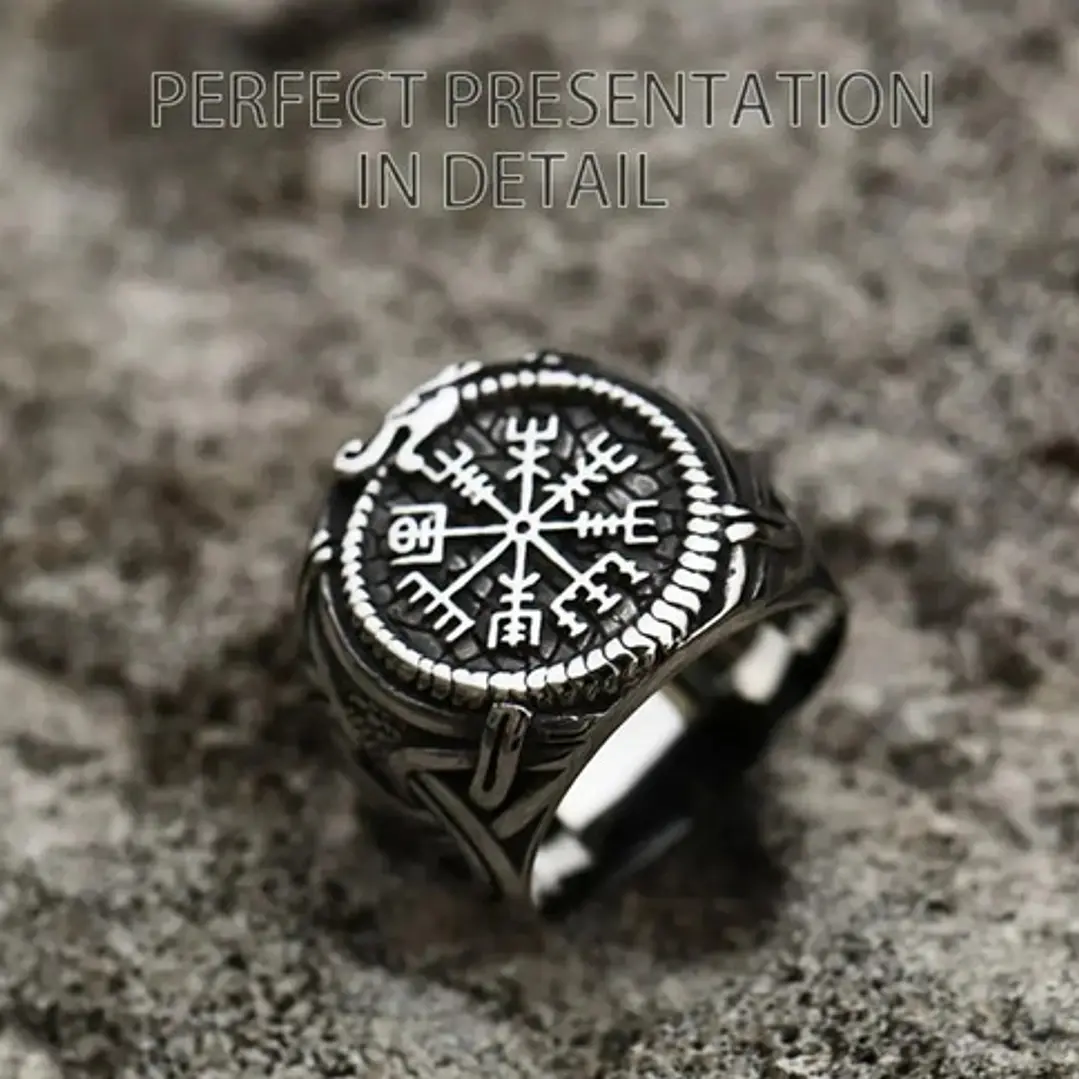 Anillo Vikingo Runa Vegvísir, Acero Inoxidable, Hombre 5