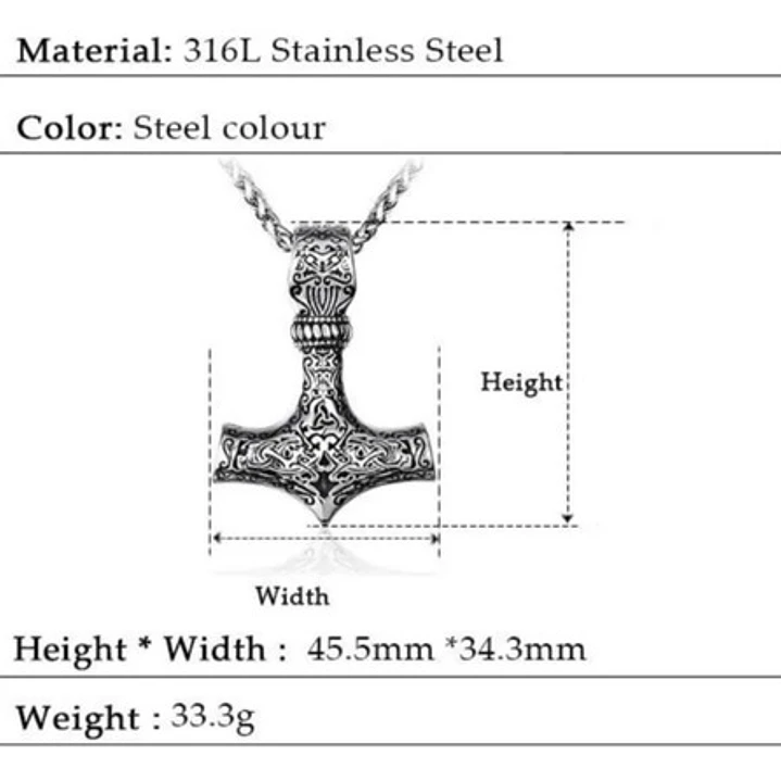 Collar Vikingo Mjölnir Tallado, Acero Inoxidable, Hombre 4