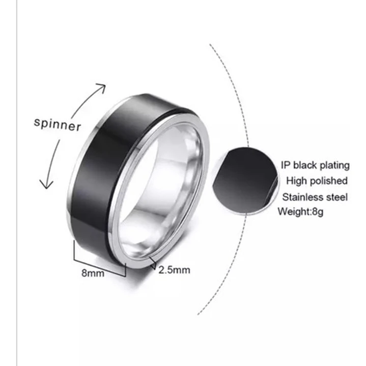 Anillo Spinner Giratorio Black And Silver, Acero Inoxidable 3