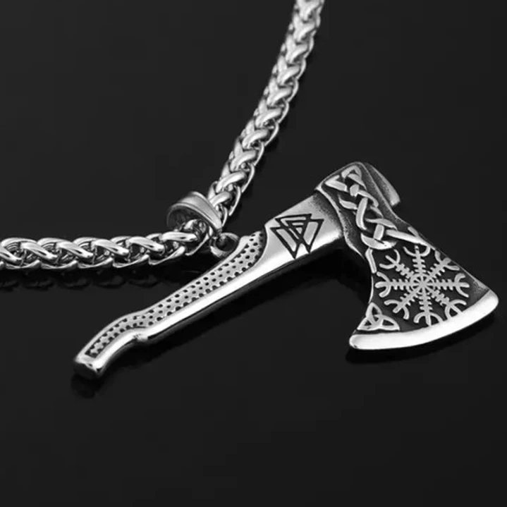Collar Vikingo Hacha Con Tallado Aegishjalmur, Acero Inox. 3