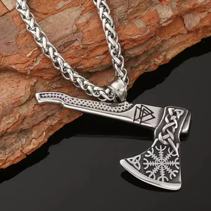 Collar Vikingo Hacha Con Tallado Aegishjalmur, Acero Inox. 4
