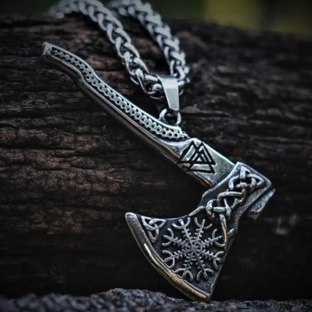 Collar Vikingo Hacha Con Tallado Aegishjalmur, Acero Inox. 6