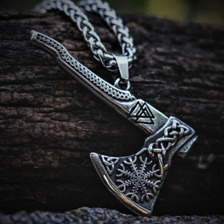Collar Vikingo Hacha Con Tallado Aegishjalmur, Acero Inox. 6