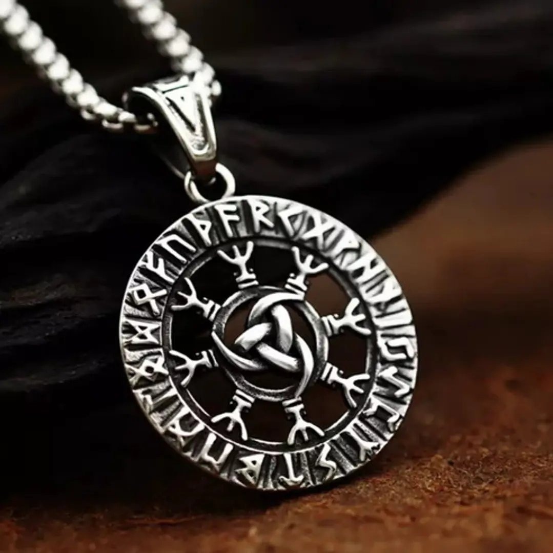 Collar Vikingo Aegishjalmur Y Runas, Acero Inoxidable 4