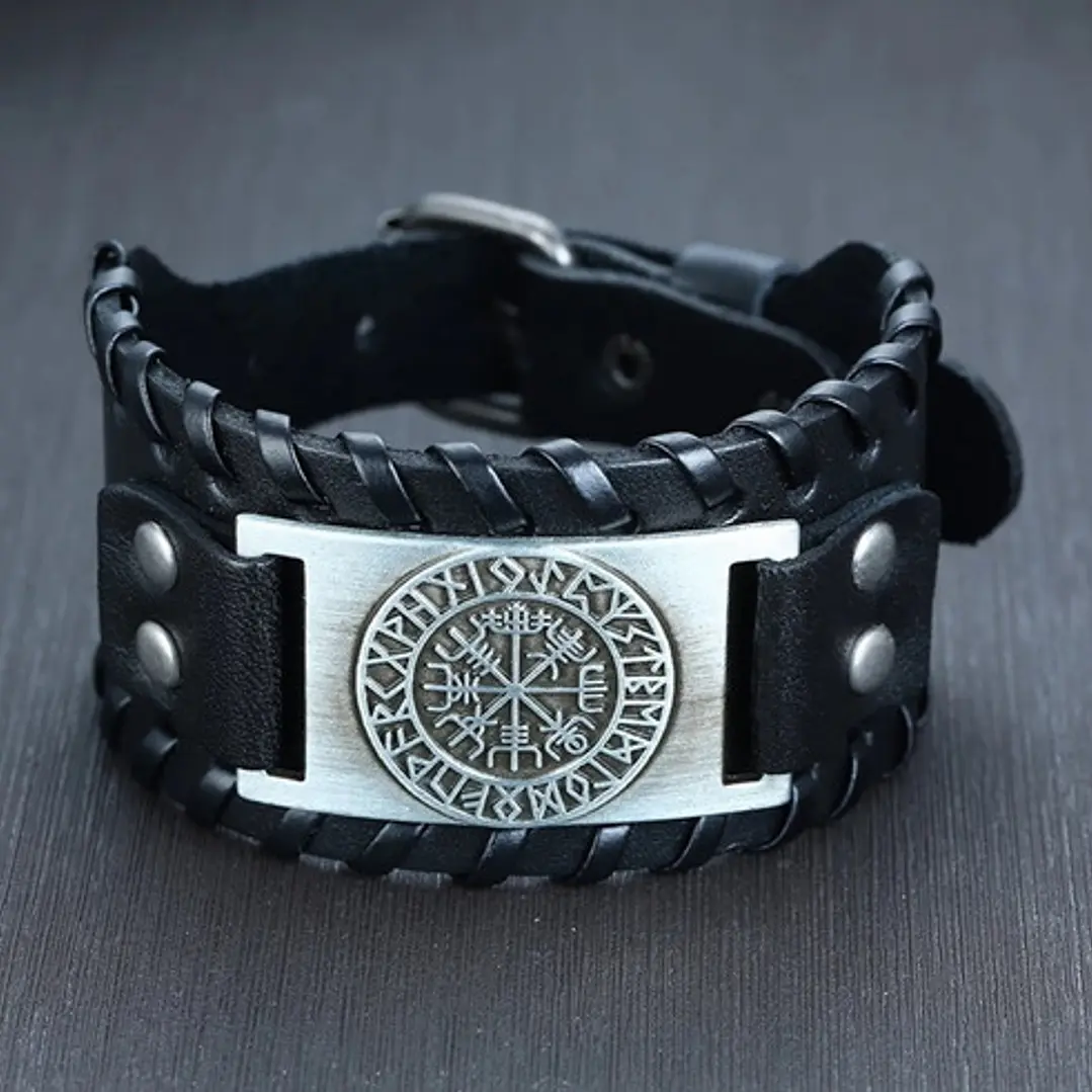 Pulsera Vikinga Vegvísir, Cuero Vegano Negro O Café 5
