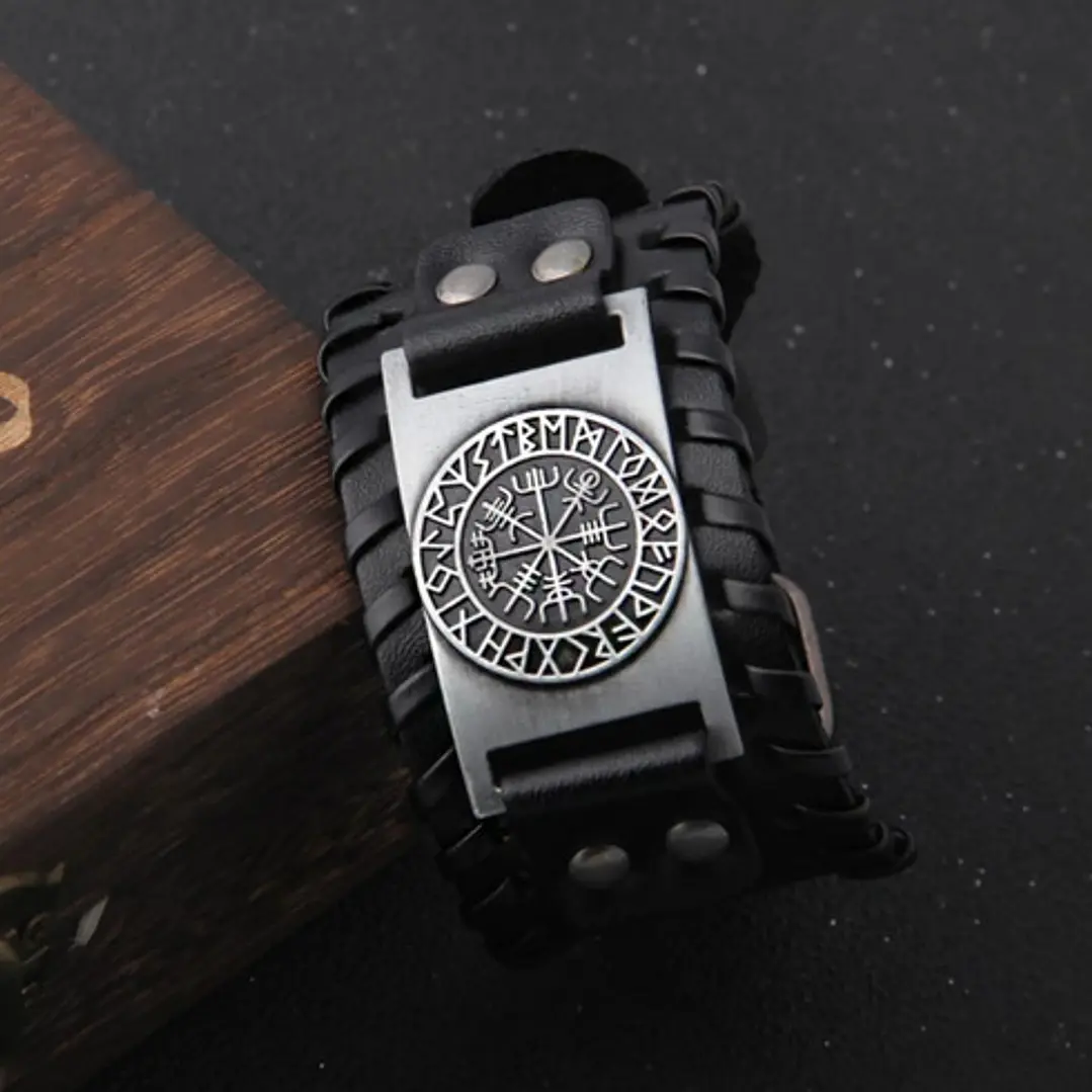 Pulsera Vikinga Vegvísir, Cuero Vegano Negro O Café 6