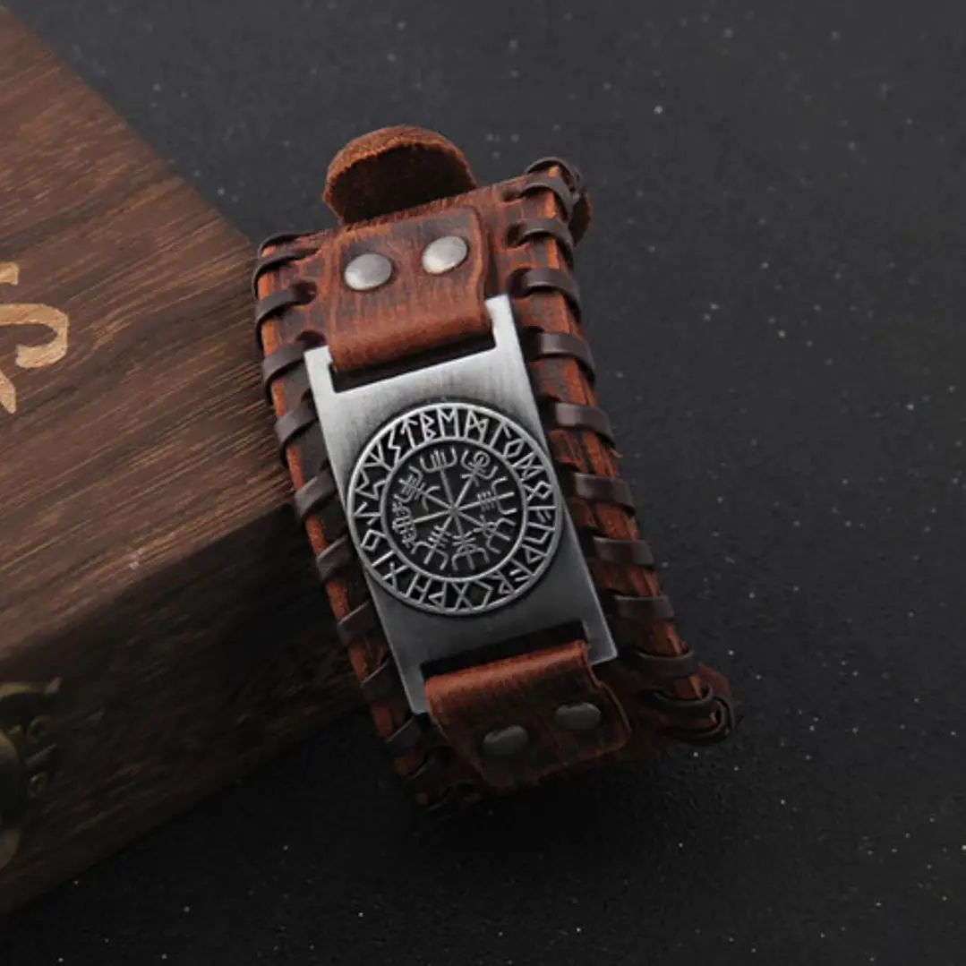 Pulsera Vikinga Vegvísir, Cuero Vegano Negro O Café 8