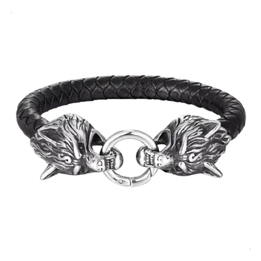 Pulsera Vikinga Fenrir, Cuero Vegano Y Acero Inoxidable 1