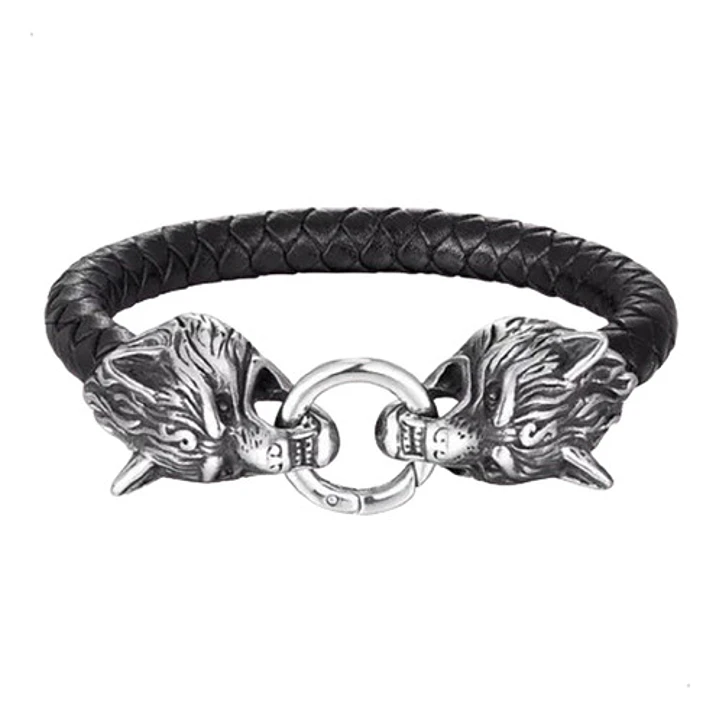 Pulsera Vikinga Fenrir, Cuero Vegano Y Acero Inoxidable 1