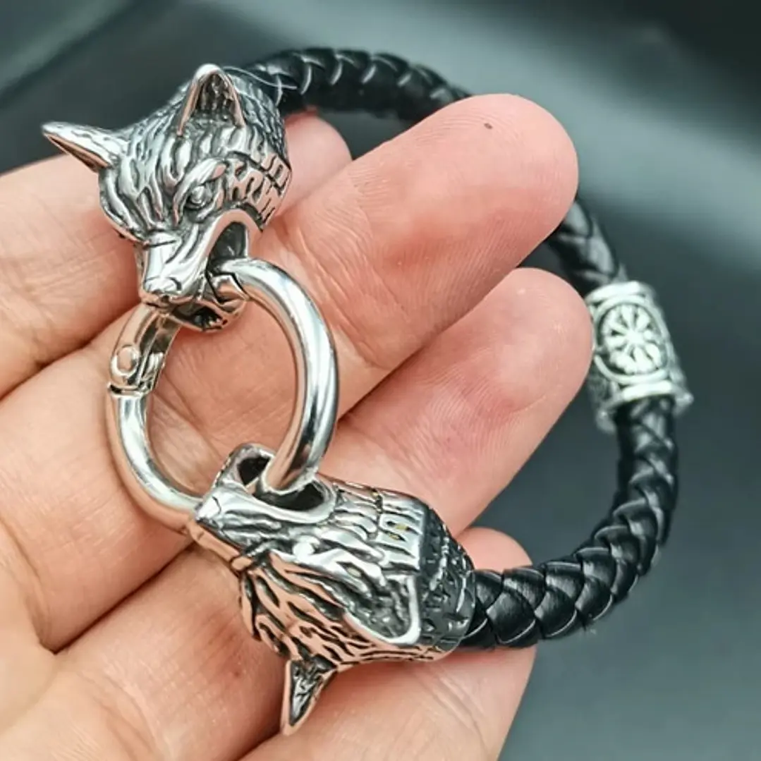Pulsera Vikinga Fenrir, Cuero Vegano Y Acero Inoxidable 2