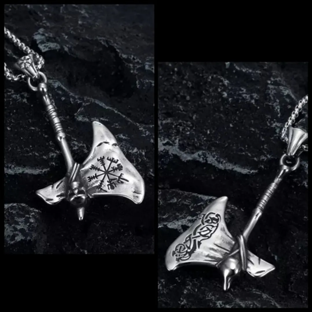 Collar Vikingo Hacha Vegvísir Calavera, Acero Inoxidable 2
